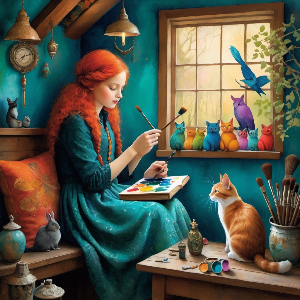 Use style of Dina Wakley Victor Nizovtsev Gabriel Pacheco Catrin WelzStein In a cozy corner of 