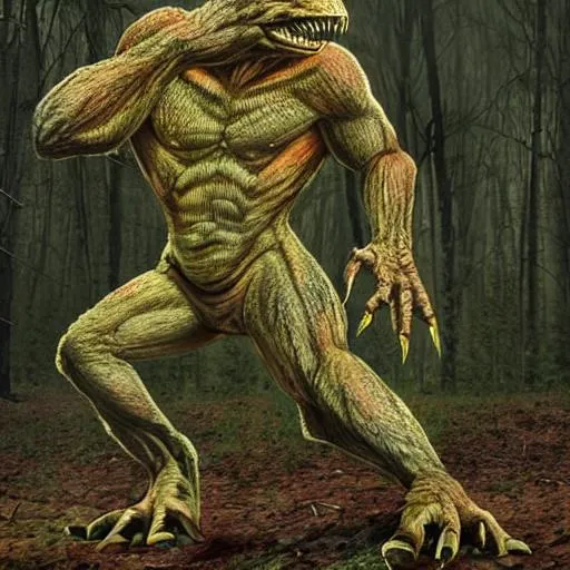 Prompt: Hyper realistic Bipedal reptilian, or lizardman, in forest, full moon, horror, terror, bodybuilding upper body Muscles , brown fur, with red eyes! Claws. 7 feet tall, and sinister, and battling Sasquatch! Vicious Hellhound. Evil , large wings!