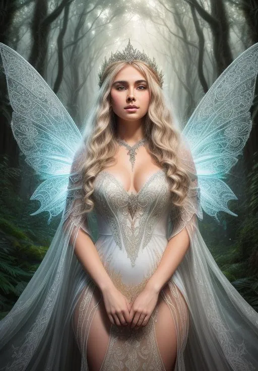 Prompt: Hyperrealistic, super sharp focus, intricate details, highly detailed, intricate line work, by greg Rutkowski, detailed elf face, almond shaped eyes, full body curvy evil fairy, fantasy art style, long curly white hair, sand color skin, enchanted wings, perfect body, long flowy dress, wearing tiara made of glowing flowers, mythical forest surrounded by dense blue fog, dark vivid colors, glowing plants, volumetric god rays,  ray-tracing enabled, dynamic lighting, HDR, 8k upscaling, mysterious mood, ominous aura, octane render
