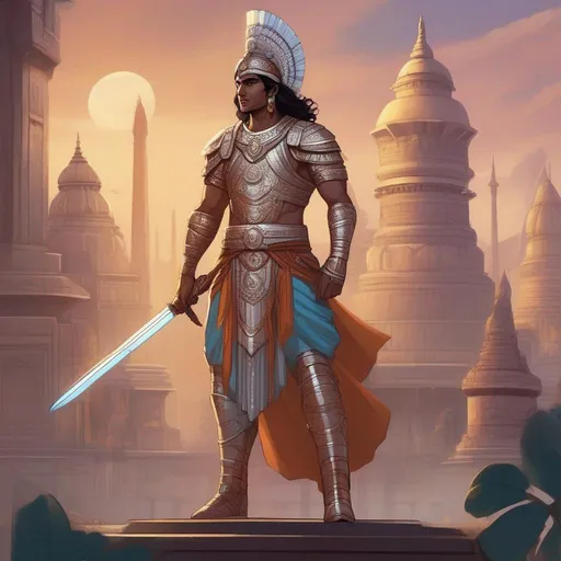 Prompt: Whole figure. Full body. A scifi indian warrior from Mahabharata. He wears an armor. He wields a sword. In background a scifi indian city. Rpg art. 2d art. 2d. Well draw face. Detailed. 