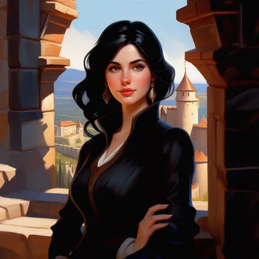 Prompt: Third person, gameplay, Castilian girl, pale skin, black hair, brown eyes, castle in the background, warm atmosphere, cartoony style, extremely detailed painting by Greg Rutkowski and by Henry Justice Ford and by Steve Henderson 

