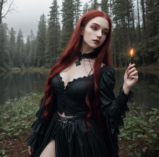 Prompt: Gorgeous perfectly detailed facial features, long legs, sumptuous perfect body, ultra pale, visible midriff, random pose, gothic fantasy, close-up portrait, 

gloomy forest lake, with a dagger in her hand, in a long black gothic dress, long flowing red hair, large reflective red eyes, well dressed, wandering lights, wind, lightning, moonlight, ominous red moon, surreal, symmetrical, intricate details, high detail, 

perfect studio lighting, perfect shading, Professional Photo Realistic Image, RAW, artstation, splash style dark fractal paint, contour, hyper detailed, intricately detailed, unreal engine, fantastical, intricate detail, steam screen, complimentary colors, fantasy concept art, 64k resolution, deviantart masterpiece, splash arts, ultra details, Ultra realistic, hi res, UHD, complete 3D rendering.