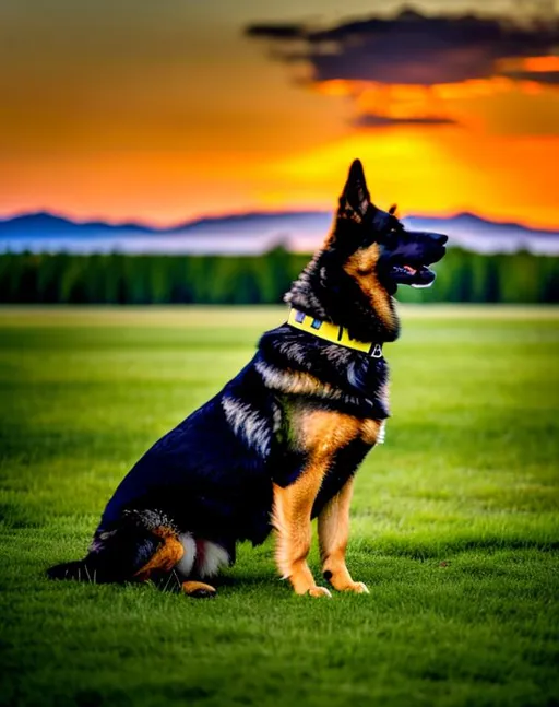 Prompt: A powerful German Shepard Sitting On A Vast meadow with  emphasis on the yellows and a beautiful sunset behind with green landscape