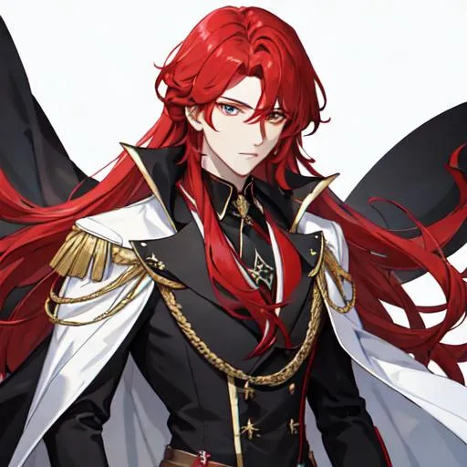 Prompt: Zerif 1male (Red side-swept hair covering his right eye) wearing a black royal suit, white cape, 