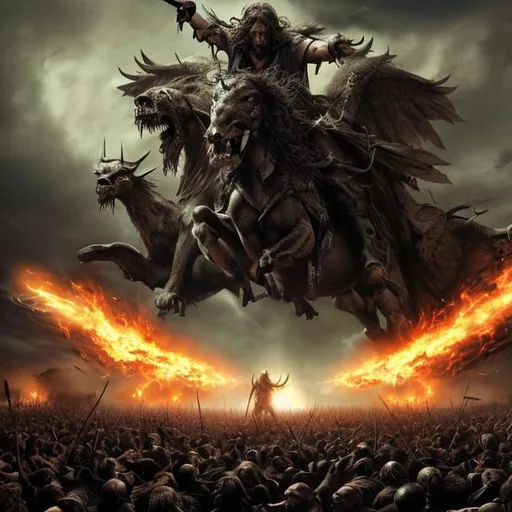 full battle scene of both Christ and satan apocalypt... | OpenArt