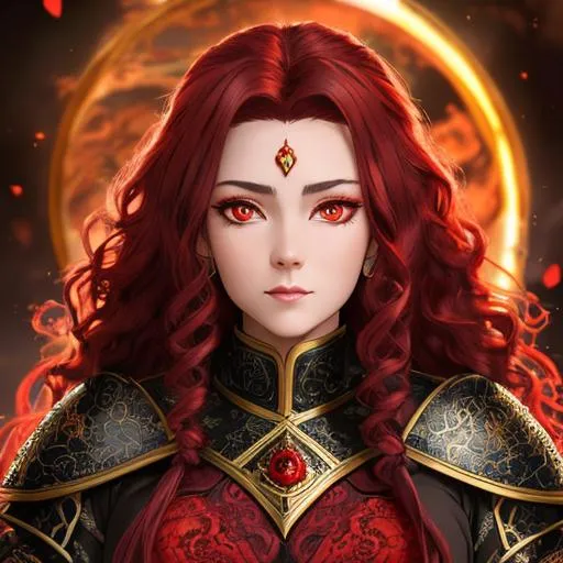Prompt: "Full body, oil painting, fantasy, anime portrait of an older dwarf woman with flowing curly dark red hair and dark red eyes,  | wearing intricate red and black battle armor, #3238, UHD, hd , 8k eyes, detailed face, big anime dreamy eyes, 8k eyes, intricate details, insanely detailed, masterpiece, cinematic lighting, 8k, complementary colors, golden ratio, octane render, volumetric lighting, unreal 5, artwork, concept art, cover, top model, light on hair colorful glamourous hyperdetailed medieval city background, intricate hyperdetailed breathtaking colorful glamorous scenic view landscape, ultra-fine details, hyper-focused, deep colors, dramatic lighting, ambient lighting god rays, flowers, garden | by sakimi chan, artgerm, wlop, pixiv, tumblr, instagram, deviantart