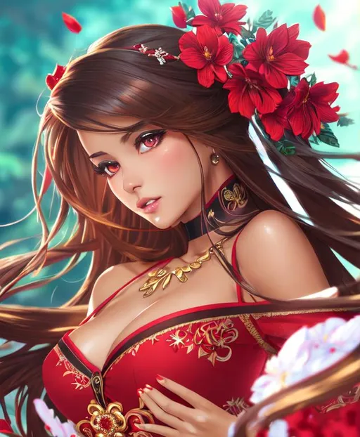 Prompt: splash art, hyper detailed perfect face, realistic, girl in the image, tanned skin

full body, long legs, perfect body, long brown hair, red flowers, red eyes, red dress

high-resolution cute face, perfect proportions, intricate hyperdetailed hair, sparkling, surprised, highly detailed, intricate hyperdetailed shining eyes,  

Elegant, ethereal, graceful,

HDR, UHD, high res, 64k, cinematic lighting, special effects, hd octane render, flowers background, professional photograph, studio lighting, trending on artstation