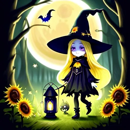 Prompt: witch with long blonde hair, with a lantern, wearing witch hat, cute, sunflower, aesthetic, fairycore, disney, pixar, moon, stars, white dog, witchcraft, in a starry dark sky, beautiful, walking in a forest, sweet, dreamy, rpg, sci-fi, award winning illustration, artstation, highres, tim burton style, large eyes, tarot card style