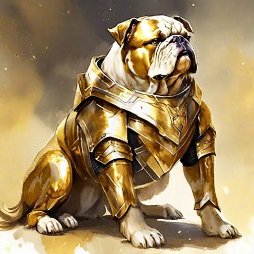 Prompt: Dominion Alliance War Dog, bulldog-like, solid gold-brown fur, silver armor, masterpiece, best quality, (in watercolor painting style)