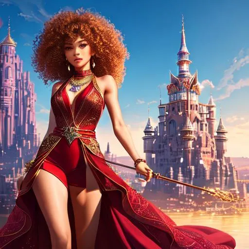 Prompt: full body pose, Hyper realistic face, Zendaya casting magic spells, sleeveless, battlefield, ethereal, red lace royal wizard suit, floating city in background, jewelry set , wild curly hair, floating city in background, royal vibe, highly detailed, digital painting, Trending on art station , HD quality, brown skin, artgerm, by Ilya Kuvshinov 