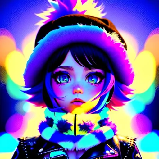 Prompt: a little punk girl, (full body)  colorful in the puffy snow.  pastel, glowing colorful, fluffy, silky, furry, backlit, warm tones, night-sky, moss, indigo, cream, coral, bone-white, photorealistic eyes, ornate, dynamic, volumetric lighting, hyper-realistic, cinematic, detailed, expressive, 4k UHD, immense detail, dramatic lighting, well lit, 8k, glowing, realistic, spiked hair, particulate, intricate, elegant, highly detailed, airbrush, acrylic on paper, volumetric lighting, occlusion, smooth, sharp focus, 128K UHD octane render, w more detail, ultra realistic, insane detail, cinematic, Curvaceous Light bending, fuzzy, Extremely detailed high quality, breathtaking, Award winning, colorful contrast ink painting, hyperdetailed intricate, detailed face, windy, cinematic lighting, neon light, album cover art, 128K resolution, masterfully crafted, hyperdetailed, concept art, illustration, character concept, 2D fantasy concept art style,  fantasy art.
