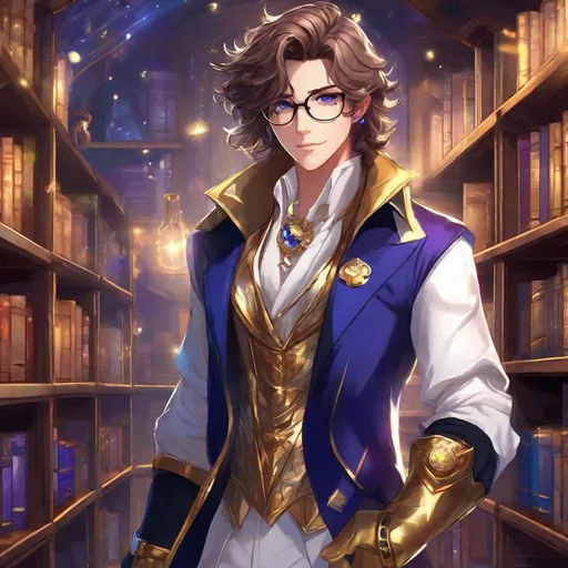 Prompt: Third person, feminine adult male, gameplay, alone, high quality, magical boy with shoulder length wavy hair, bright purple eyes, extravagant magical blue coat with gold trim, white dress pants, brown adventurer boots with gold, magical boy outfit with diamond motif, glasses, gold timepiece on wrist, gloves, cool atmosphere, magical scientist island, magical laboratory with high bookshelves and a giant window, Studio Ghibli, Sailor Moon, extremely detailed print by Hayao Miyazaki, magical scientist
