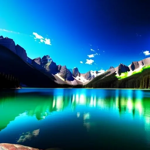 Prompt: long shot scenic professional photograph of an emerald lake in the Rocky Mountains, perfect viewpoint, highly detailed, wide-angle lens, hyper realistic, with dramatic sky, polarizing filter, natural lighting, vivid colors, everything in sharp focus, HDR, UHD, 64K