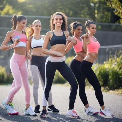 group of smiling white woman in yoga pants at the