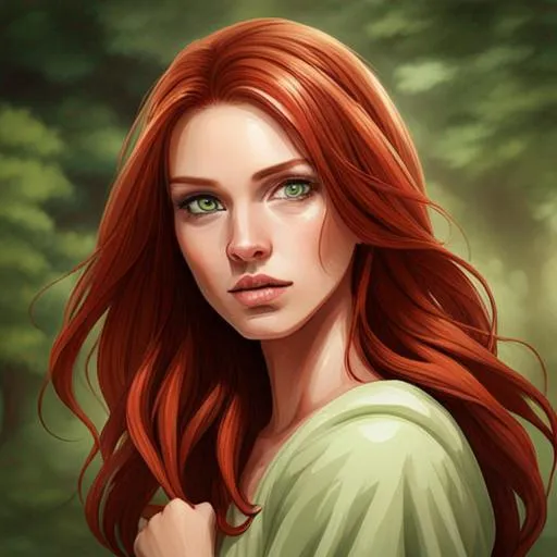 a lady with green eyes, auburn hair, perfect skin