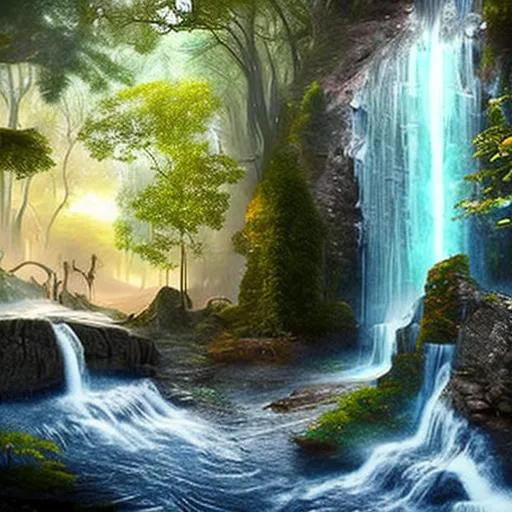 Prompt: a mystical planet covered in waterfalls and forests and beings made of pure light