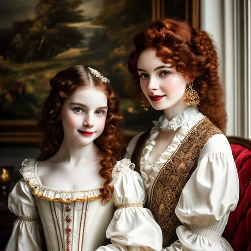 Prompt: mother have brown curly hair,pale skin , with her red haired daughter,18th century aesthetic, front of a antique Scottish mansion, high quality, 4k, details ,vintage ,analog filter, perfect composition, hyperrealistic, super detailed, 8k, high quality, trending art, sharp focus, intricate details, highly detailed