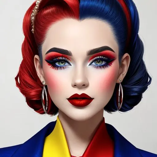 Prompt: A woman all in primary colors, pretty makeup