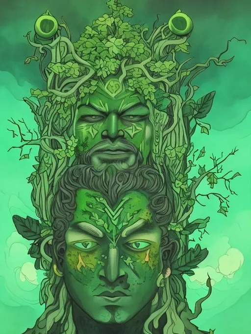 Prompt: Color in green face man and floating tree. Add more plant imagery. Pagan. The dagda.