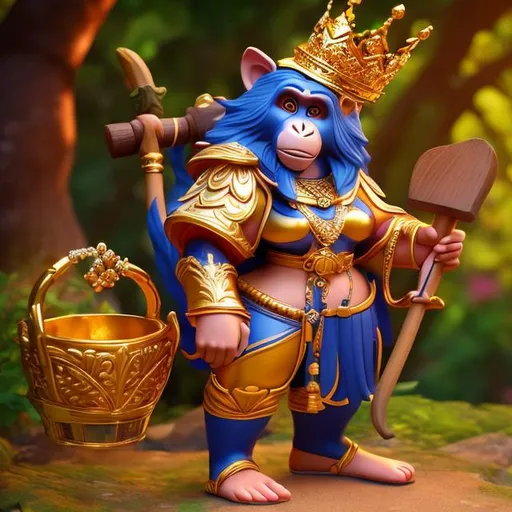 Prompt: full body, (an anthropomorphic monkey woman wearing a crown on her head), (gorgeous face detailed, glossy lip), tusks, holding an ax, a treasure chest full of coins and gems, 