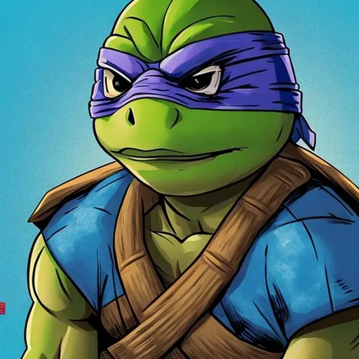 Prompt: Leonardo teenage mutant ninja turtle wearing blue domino mask 