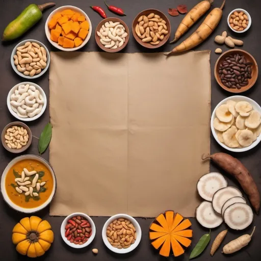 Prompt: create an Amerindian Menu template with these cooked foods on the corners; manioc/cassava, maize, beans, papaya, tobacco, peppers, peanuts, sweet potatoes, dogs, opossum, guinea pigs, shrews, and hutia 
