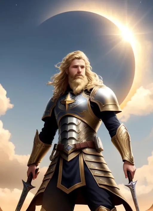Prompt: paladin, morning star and shield, wielding morning star, beard, sandy blonde hair, intricate, full body shot, highly detailed, solar eclipse, bright lighting, visible symmetrical face, UHD, single light source, perfect composition, photo real, realistic, super detailed, 8k, high quality, sharp focus, intricate details, highly detailed, masterpiece