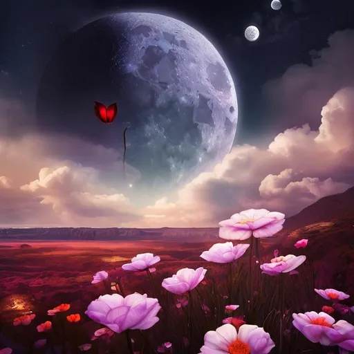 Prompt: A flower loves moon and faces longingly towards moon...long shot scenic...professional photograph of {scenery}, perfect viewpoint, highly detailed, wide-angle lens, hyper realistic, with dramatic sky, polarizing filter, natural lighting, vivid colors, everything in sharp focus, HDR, UHD, 64K