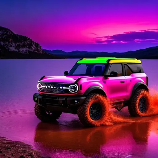 Prompt: A neon purple 2022 ford bronco with neon orange lights, parked on Rocky Mountains overlooking a bright and vibrant, orange, red, pink, and yellow sunset. Below is an angry lake with a kraken just below the surface of the water.