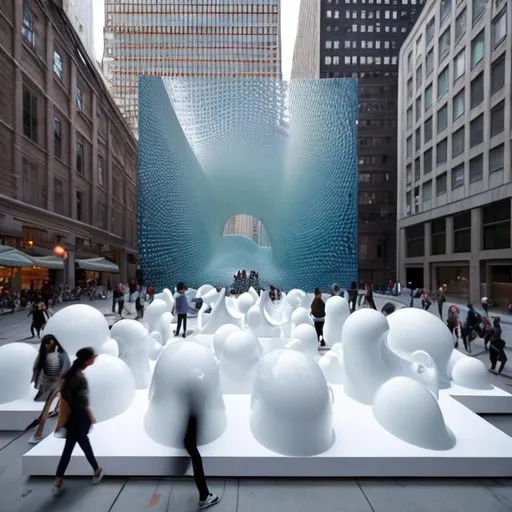 Prompt: at dusk, huge public art, modern art, in manhattan, big, clear white,  layered glasses, random square, tall, wave form, complicated, detailed art with glass, rounded art, in front of the building, people walking by the art, people can walk inside