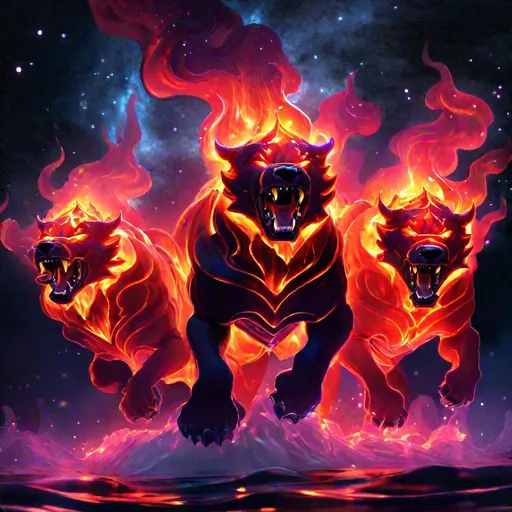 Prompt: A fantasy translucent 3-HEADED Cerberus that is glowing, growling, lava flowing from its body, pools of magma, beneath the stars, bioluminescent, highres, best quality, concept art