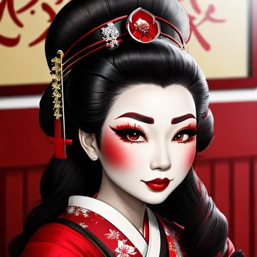 Prompt: Ruby lady-a geisha all in red, full face, elegant, facial closeup