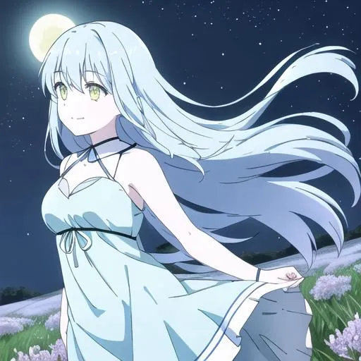 Prompt: Beautiful girl with long light blue hair and pretty light yellow eyes smiling cutely. Wearing a Dark blue dress at night with the moon glowing gently above her. She is in a field of pale blue glowing flowers and the wind is blowing gently.