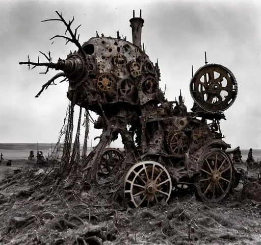 Prompt: A steampunk turret is mounted on top of A battered steampunk war carriage on the battlefields of ww1. barbed wire, trenches, dead soldiers and horses litter the muddy and destroyed terrain. Burned tree stumps smoilder in the background.