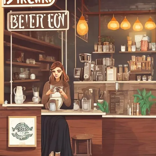 A lady sitting in a coffee shop, drinking coffee and... | OpenArt