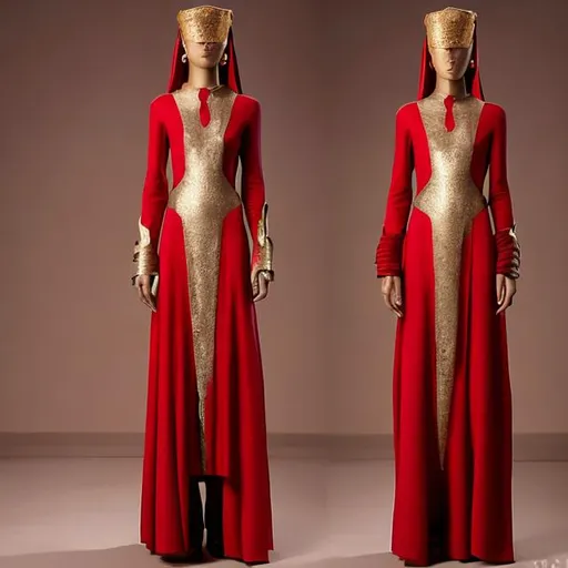 Prompt: Plain red pharaonic women's dress with long sleeves and golden cuffs, with a modern cut