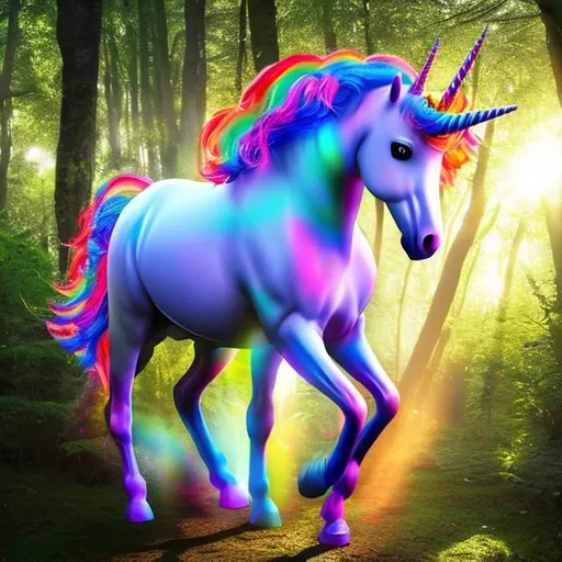 Prompt: unicorn, realistic photo, rainbow, walking through a forest with the sun shining through the trees