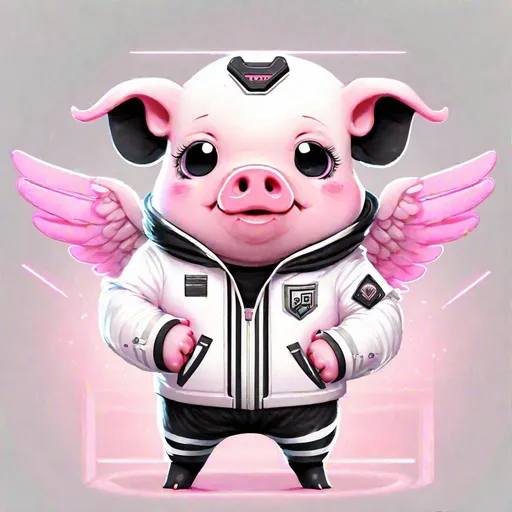 Prompt: pig, anthropomorphic , kawaii style, pink fur, pink Angel Wings, wearing scifi-like white shirt black pants and white jacket with black stripes, angel, Masterpiece, Best Quality 