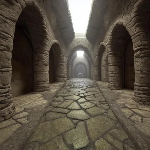 Prompt: A highly detailed 4K fantasy matte painting of deep dark dwarf mines perfect quare hallway of stone, photorealistic matte painting