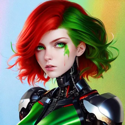 Prompt: oil paint [Green eyes], [Red hair], [female angel characters], [cyborg], [rainbow suit] 4k.