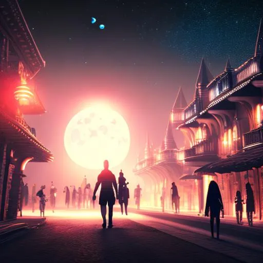 Prompt: A dark futuristic village at night with the moon in the sky, with people walking,ultrarealistic,streets, buildings, future cars, 8k, hdr, Beautifully Detailed, Natural Lighting, Light Diffusion, dystopian, roman architecture.