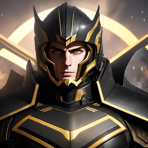 Prompt: oil painting of young man wearing black heavy mechanized armor standing on hilltop,
stunning scarred face,
short black hair,
gold armor details,
long black cape,
glowing halo effect,
movie scene,
medium shot,
UHD