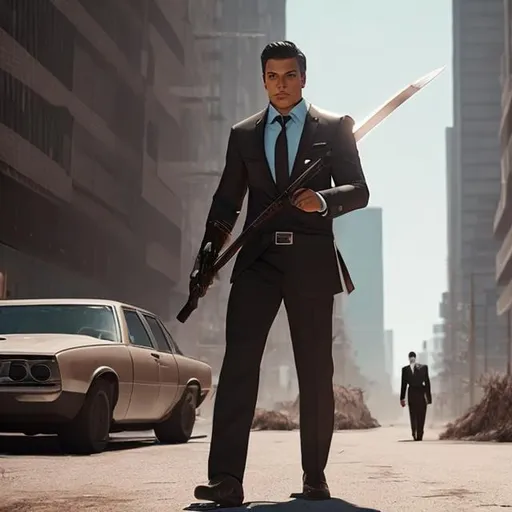 Prompt: A Man wearing a business suit, wielding a spear. wandering through a post-apocalypse city, 