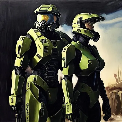 Prompt: Master Chief and Cortana
painted in the style of the painter Caravaggio