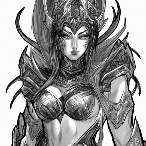 Prompt: black and white sketch of beautiful lady anime, woman war lord 
