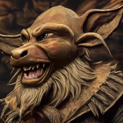 Prompt: closeup profile portrait of a kobold male with huge ears and a hook nose, ropey dreadlock beard, flared nostrils, sharp yellowed teeth, warty filty skin, malicious grin, in the style of brian froud, in the style of the dark crystal, (high detailed skin:1.2), 8k uhd, dslr,