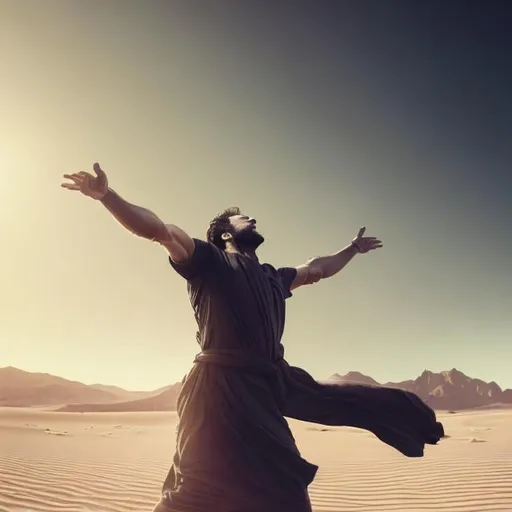 Prompt: hyper realistic, ultra detailed photograph of 30 years old man, in desert, worshiping god, arms stretched to the sky. perfect shape, muscles, clothed in a robe, dark haired long hair, depth of field, HOF, hall of fame, detailed strong face, professional photographer, captured with professional DSLR camera, trending on Artstation, 64k, ultra detailed, ultra accurate detailed, bokeh lighting, surrealism, urban, ultra real life engine.