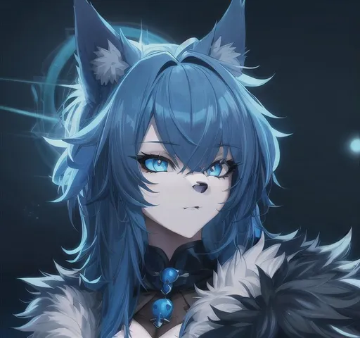 Prompt: furry wolf, [anthropomorphic art], anthro wolf, nonhuman, 1girl, e621, [blue fur], [blue eyes], [blue hair], large bust, labcoat, furaffinity, close-up portrait, highly-detailed eyes
