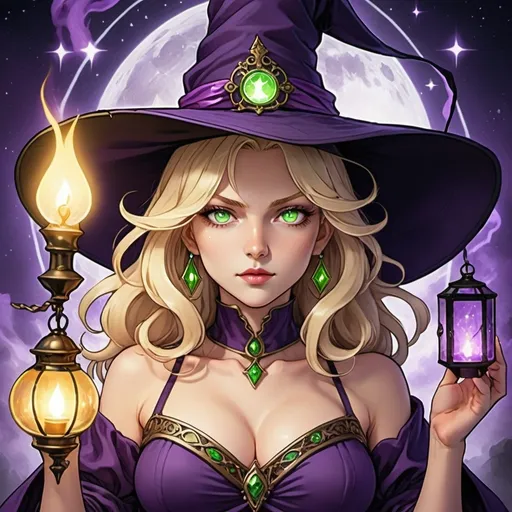 Prompt: tarot card Anime illustration, empress, a mature blonde with 
wavy hair which clearly  wields magic in form of purple thunder. She's called Lisa know but is also known as 'Witch of Purple Rose' She has intensely green eyes, pale complection, sizeable decolletage and gentle yet flirty face. A small lantern hangs from the tip of her pointy hat.