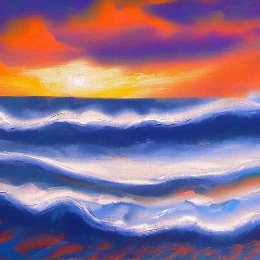 Prompt: bob ross style painting, waves crashing on the beach at sunset